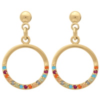 Boucles d'oreilles pendantes composées d'une puce ronde en plaqué or jaune 18 carats et d'un cercle pavé en partie d'oxydes de zirconium multicolores.