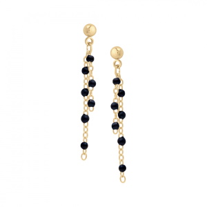 Boucles d'oreilles pendantes composées de deux chaînes en plaqué or jaune 18 carats avec perles en résine de couleur noire.