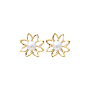 Boucles d'oreilles en forme de fleur en plaqué or jaune 18 carats surmontées d'une perle d'eau douce.