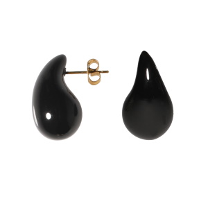 Boucles d'oreilles pendantes en forme de goutte en acier doré et en matière synthétique de couleur noire.