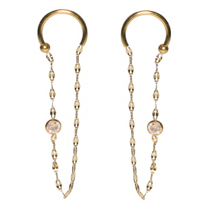 Boucles d'oreilles pendantes composées d'un cercle ouvert avec une chaîne en acier doré et d'un cristal serti clos.