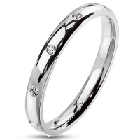 Bague anneau en acier argenté incrustée de 10 d'oxydes de zirconium blancs.