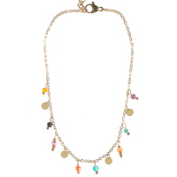 Bracelet chaîne de cheville composé d'une chaîne avec pampilles rondes en acier doré et de pampilles en perles multicolores. Fermoir mousqueton avec 5 cm de rallonge.