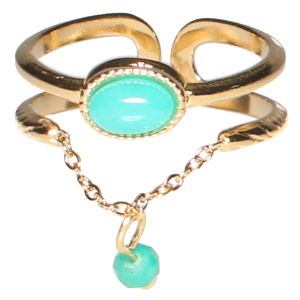 Bague double rangs en acier doré composée d'un cabochon ovale de couleur turquoise et d'une chaîne avec une perle de couleur turquoise. Taille ajustable.