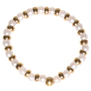 Bague élastique composée de perles en acier doré et de perles de nacre.