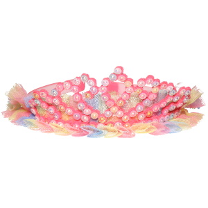 Serre-tête pour enfant en forme de couronne recouvert de textile multicolore et de suédine avec strass.