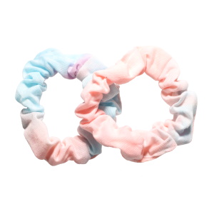 Lot de 2 chouchous élastiques pour cheveux pour enfants en textile de couleur bleu et rose.