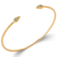 Bracelet jonc ouverte en plaqué or jaune 18 carats surmonté de deux gouttes serties de pierres d'imitation turquoise.