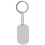 Porte-clés avec plaque rectangulaire en métal argenté.