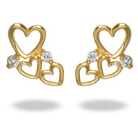 Boucles d'oreilles trois cœurs ajourés en plaqué or jaune 18 carats serties de deux oxydes de zirconium blancs.