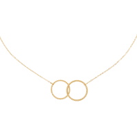 Collier composé d'une chaîne et d'un pendentif double cercles en acier doré. Fermoir mousqueton avec 5 cm de rallonge.