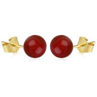 Boucles d'oreilles puces en plaqué or jaune 18 carats surmontées d'une perle en véritable pierre d'agate rouge.