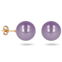 Boucles d'oreilles puces en plaqué or jaune 18 carats et perles d'imitation de Majorque de couleur violette.