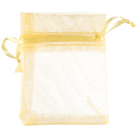 Pochette cadeau en tissu organza de couleur jaune doré.