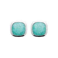 Boucles d'oreilles puces de forme carré en argent 925/000 rhodié serties d'une véritable pierre d'amazonite.