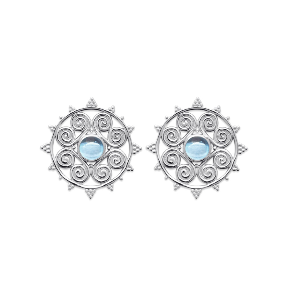 Boucles d'oreilles pendantes rondes aux motifs de rosace en argent 925/000 rhodié surmontées d'un oxyde de zirconium de couleur bleue. Pendantes Rond  Adolescent Adulte Femme Fille Indémodable 