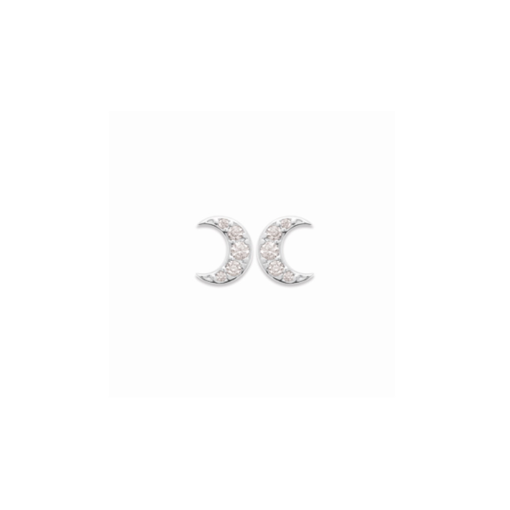 Boucles d'oreilles puces en forme de croissant de lune en argent 925/000 rhodié pavées d'oxydes de zirconium blancs. Lune Puce  Adolescent Adulte Femme Fille Indémodable Nature 