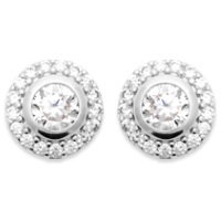 Boucles d'oreilles puces de forme ronde en argent 925/000 rhodié pavées d'oxydes de zirconium blancs et serties d'un oxyde de zirconium blanc.