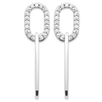 Boucles d'oreilles pendantes composées de deux formes géométriques entrelacées en argent 925/000 rhodié et un pavée d'oxydes de zirconium blanc.