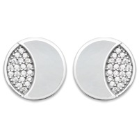 Boucles d'oreilles puces de forme ronde en argent 925/000 rhodié pavées en partie d'oxydes de zirconium blancs et en autre partie de nacre.