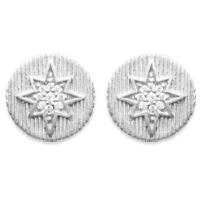 Boucles d'oreilles puces de forme ronde en argent 925/000 rhodié avec motif d'étoile en relief surmontée d'un pavage rond d'oxydes de zirconium blancs.