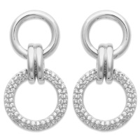 Boucles d'oreilles pendantes composées de deux cercles en argent 925/000 rhodié dont un pavé d'oxydes de zirconium blancs.