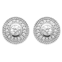 Boucles d'oreilles puces rondes en argent 925/000 rhodié pavées d'un cercle d'oxydes de zirconium blancs et surmontées d'un oxyde de zirconium blanc serti clos de forme ronde.