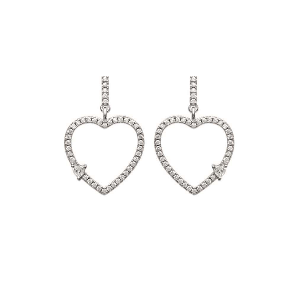 Boucles d'oreilles pendantes en forme de cœur en argent 925/000 rhodié et oxydes de zirconium. Coeur Pendantes Strass  Adolescent Adulte Amour Femme Fille Indémodable 