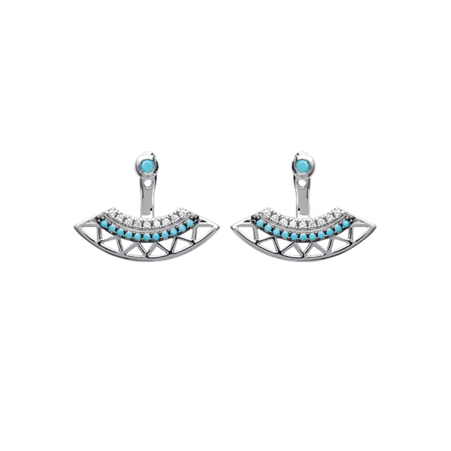 Boucles d'oreilles en argent 925/000 rhodié, oxyde de zirconium et pierre d'imitation turquoise. Pendantes Turquoise  Adolescent Adulte Femme Fille Indémodable 