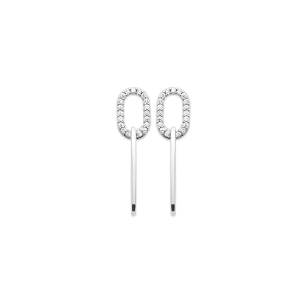 Boucles d'oreilles pendantes composées de deux formes géométriques entrelacées en argent 925/000 rhodié et un pavée d'oxydes de zirconium blanc. Strass  Adolescent Adulte Femme Fille Indémodable 