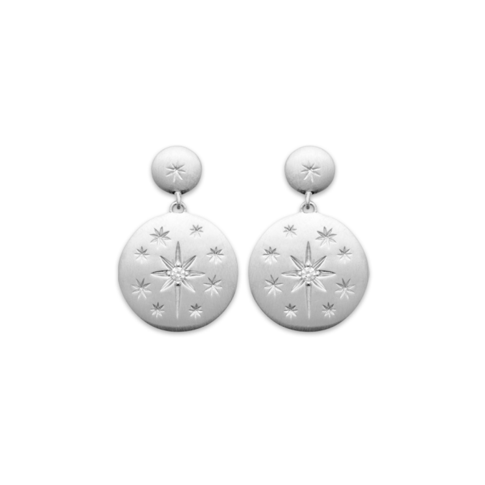 Boucles d'oreilles pendantes composées de deux pastilles rondes avec motifs d'étoile en argent 925/000 rhodié surmontées d'un oxyde de zirconium blanc. Etoile Pendantes Rond  Adolescent Adulte Femme Fille Indémodable Nature 
