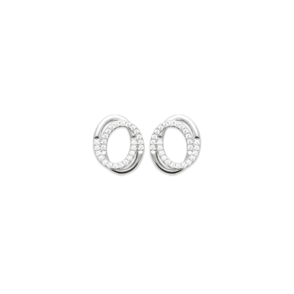 Boucles d'oreilles pendantes au motif de deux cercles entrelacés en argent 925/000 rhodié et pavés d'oxydes de zirconium blancs. Cercle Pendantes Rond Strass  Adolescent Adulte Femme Fille Indémodable 
