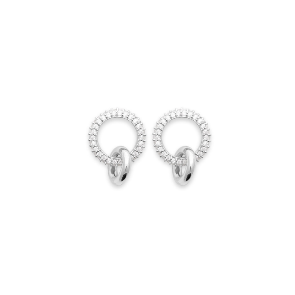 Boucles d'oreilles pendantes composées de deux cercles entrelacés en argent 925/000 rhodié dont un pavé d'oxydes de zirconium blancs. Cercle Pendantes Strass  Adolescent Adulte Femme Fille Indémodable 