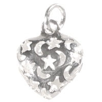 Pendentif cœur bombé ajouré d'étoiles et croissant de lune en argent 925/000.