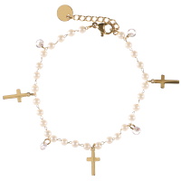 Bracelet composé d'une chaîne avec pampilles croix en acier doré, de perles d'imitation et des pampilles transparentes. Fermoir mousqueton avec 2,5 cm de rallonge.