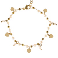 Bracelet composé d'une chaîne avec boules et pampilles cœurs en acier doré, de perles d'imitation et de pampilles perles. Fermoir mousqueton avec 2,5 cm de rallonge.