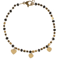 Bracelet composé d'une chaîne cubes avec pampilles cœurs en acier doré et de perles de couleur noire. Fermoir mousqueton avec 2,5 cm de rallonge.