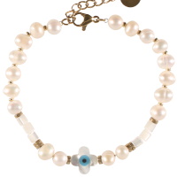 Bracelet composé de perles d'imitation, perles en acier doré, perles de nacre et d'un œil de Turquoise. Fermoir mousqueton avec 2 cm de rallonge.