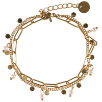 Bracelet double rangs composé d'une chaîne en acier doré et d'une chaîne avec pampilles rondes en acier doré et de pampilles en perles d'imitation. Fermoir mousqueton avec 2.5 cm de rallonge.