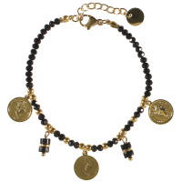 Bracelet composé de perles en acier doré, de perles de couleur noire et de 3 pendants en forme de pièce de monnaie en acier doré. Fermoir mousqueton avec 2.5 cm de rallonge.