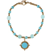 Bracelet composé de perles en acier doré, de perles de couleur turquoise et d'un pendant en acier doré pavé d'émail de couleur turquoise. Fermoir mousqueton avec 2.5 cm de rallonge.