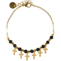Bracelet composé d'une chaîne avec pampilles croix en acier doré et de perles de couleur noire. Fermoir mousqueton avec 2,5 cm de rallonge.