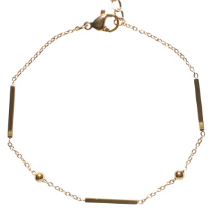 Bracelet composé d'une chaîne avec des perles et barrettes rectangulaires en acier doré. Fermoir mousqueton avec 3 cm de rallonge.