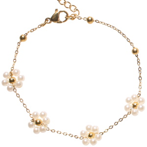 Bracelet composé d'une chaîne en acier doré et de fleurs en perles d'imitation. Fermoir mousqueton avec 3 cm de rallonge.