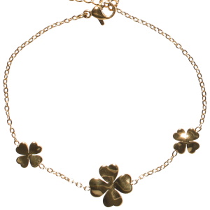 Bracelet composé d'une chaîne avec trèfles à quatre feuilles en acier doré. Fermoir mousqueton avec 3 cm.