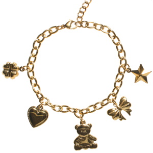 Bracelet composé d'une chaîne avec breloques en forme de trèfle à quatre feuilles, cœur, nounours, nœud papillon et étoile en acier doré. Fermoir mousqueton avec 3 cm.