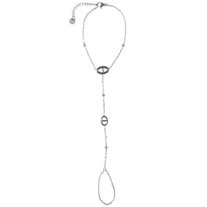 Bracelet de main composé d'une chaîne avec grains de café en acier argenté ornée de cristaux sertis clos. Fermoir mousqueton avec 3 cm de rallonge.