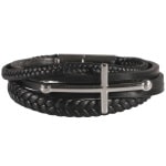 Bracelet multi rangs pour homme avec croix en acier argenté et cuir de couleur noire. 5 rangs.