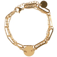 Bracelet triple rangs composé de trois chaînes de maille différente et d'une pastille ronde en acier doré. Fermoir mousqueton avec 3 cm de rallonge.