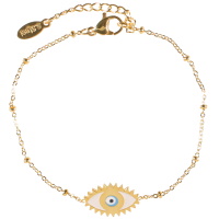 Bracelet composé d'une chaîne en acier doré et d'un œil de Turquie en acier doré et émail. Fermoir mousqueton avec 3 cm de rallonge.